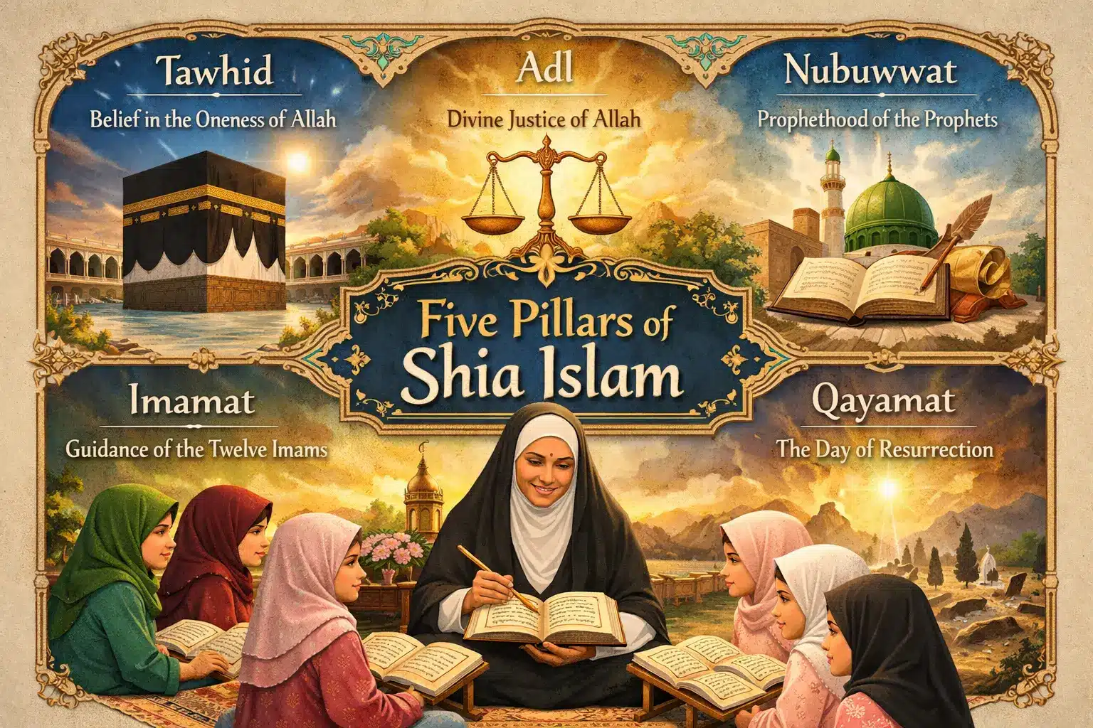 A Shia scholar teaching children the Holy Quran and Islamic beliefs in a beautifully decorated mosque — ShiaEdu