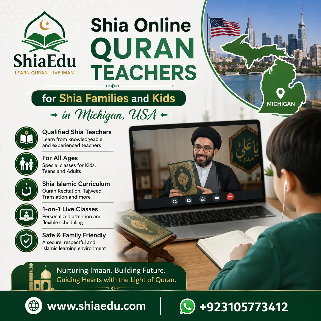 Shia Quran teacher reviewing Tajweed rules with a student in Michigan — ShiaEdu