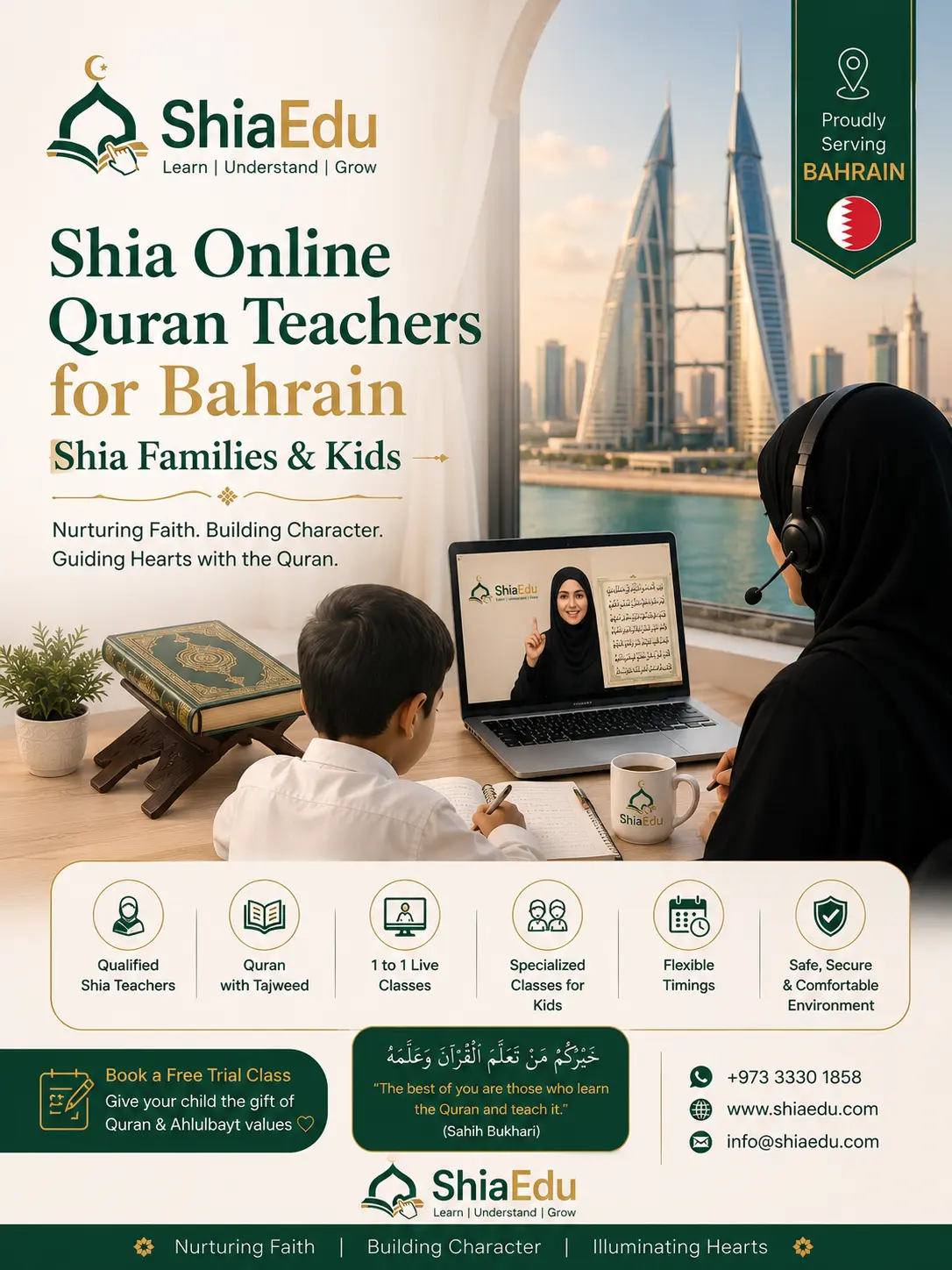 Shia Quran teacher delivering a live online lesson to a student in Manama — part of a Shia Madrasa Built for Every Bahraini Home