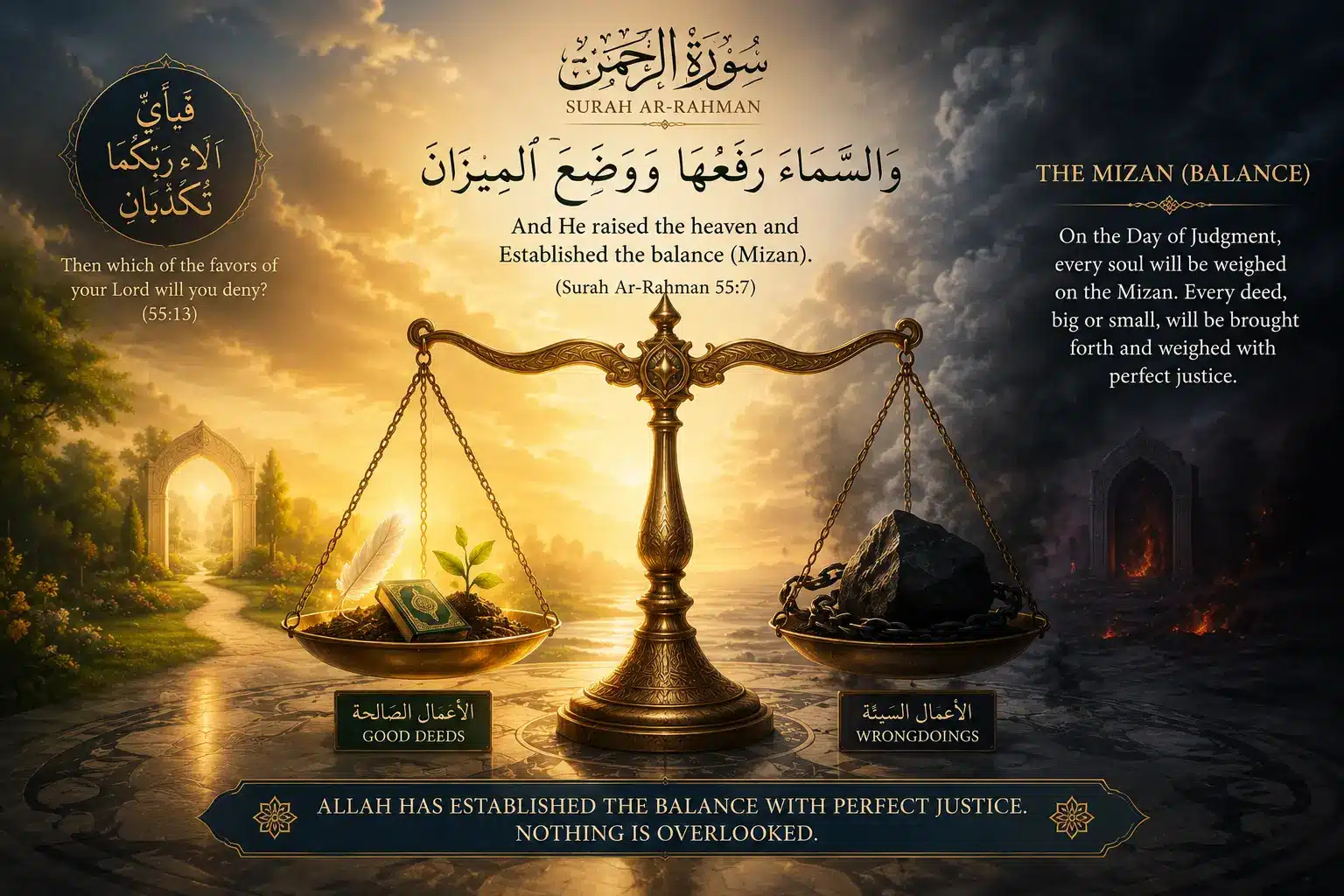 Illustration representing the balance (mizan) described in Surah Rahman