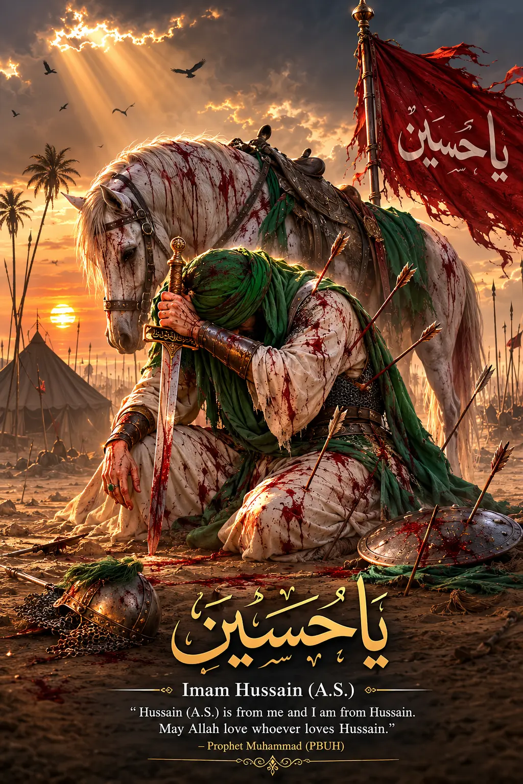 The Prophet Muhammad (s) with his grandsons Hasan and Hussain — the hadith of Karbala's revelation