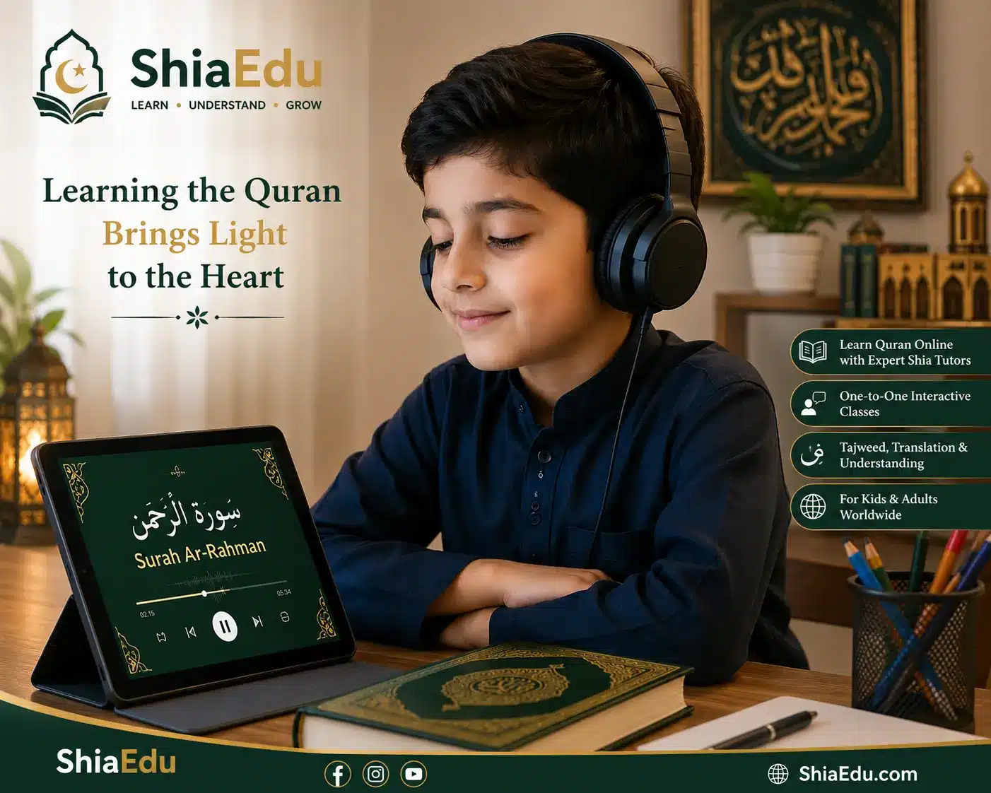Child learning Quran recitation online with a Shia Quran teacher